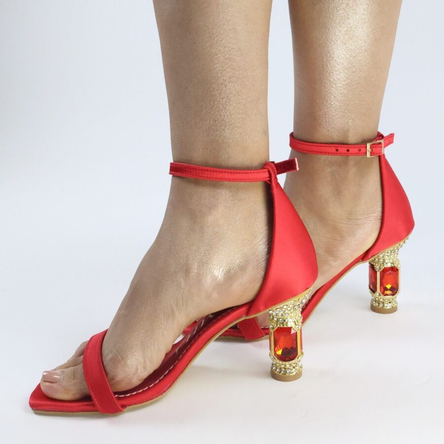 Taşlı Topuklu Abiye Sandalet Ayakkabı Kırmızı