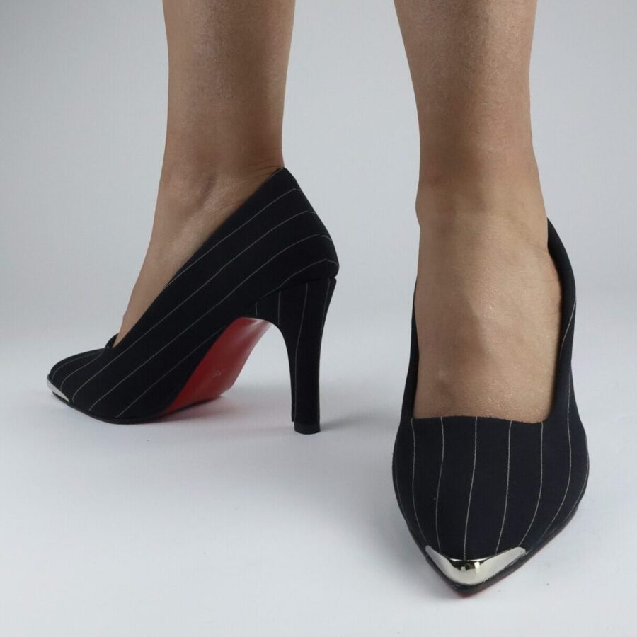 Siyah Demir burunlu çizgili kumaş ince topuk uzun topuk ofis ayakkabısı abiye davet topuklu ayakkabı