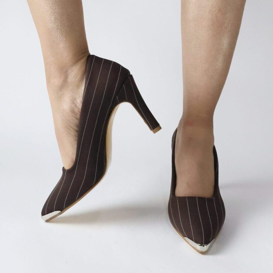 Koyu Kahve Demir burunlu çizgili kumaş ince topuk uzun topuk ofis ayakkabısı abiye davet topuklu ayakkabı