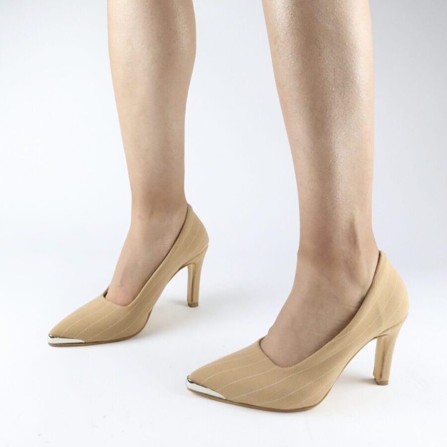 Açık Kahve Demir burunlu çizgili kumaş ince topuk uzun topuk ofis ayakkabısı abiye davet topuklu ayakkabı