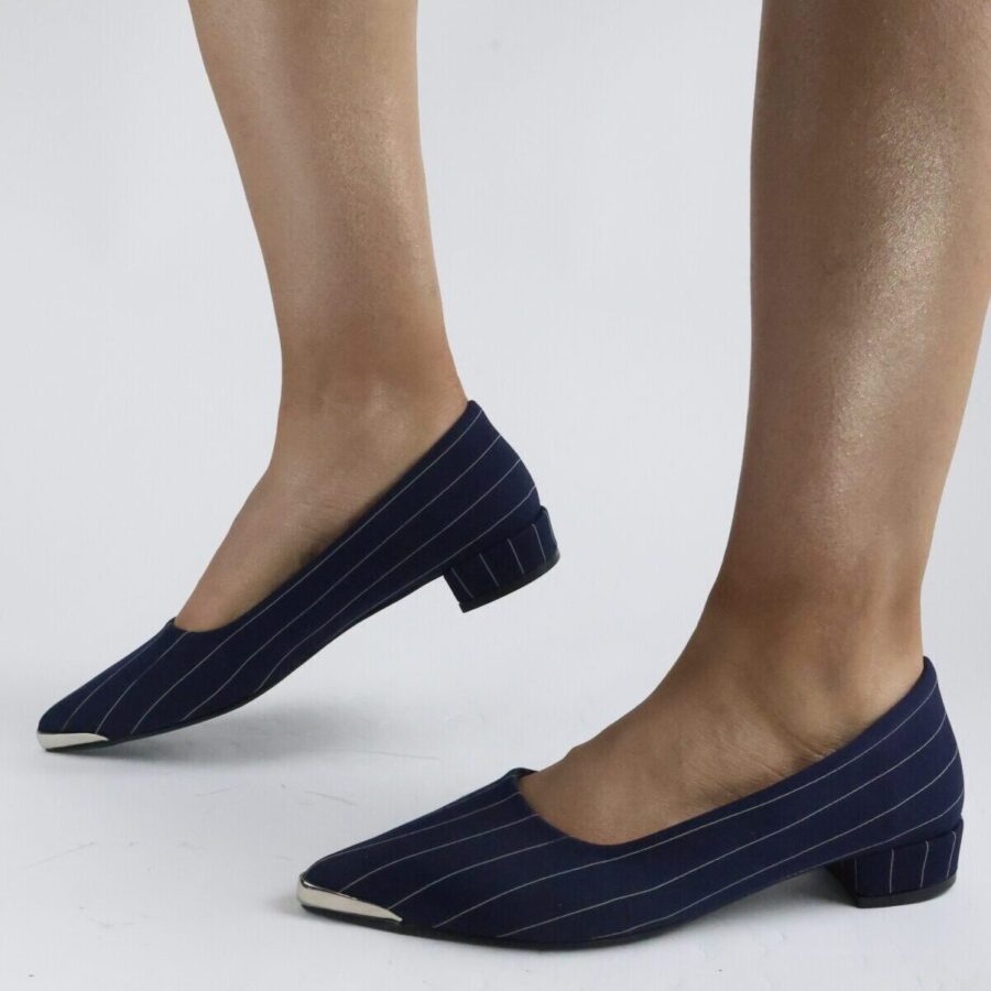 Demir burunlu çizgili kumaş 2 cm kalın kısa topuk ofis çalışma abiye davet ayakkabısı