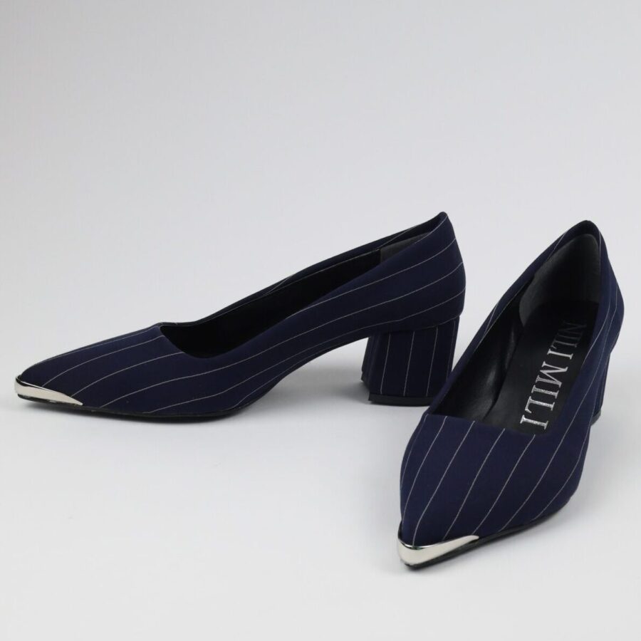 Çizgili kumaş lacivert demir burun 5 cm topuklu stiletto abiye ayakkabı