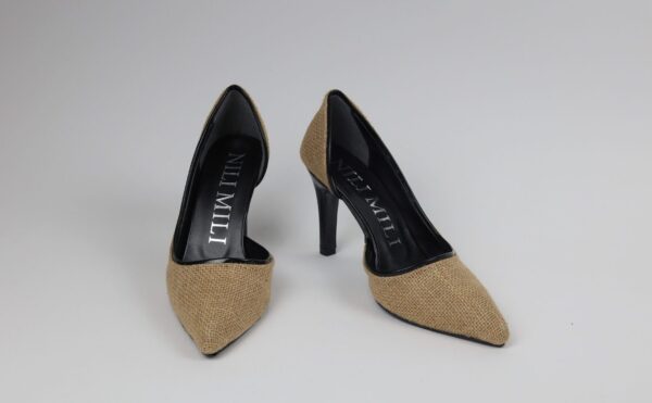 Hasır Kumaş İtaly Stil Yan Açık Abiye Stiletto Topuklu Ayakkabı