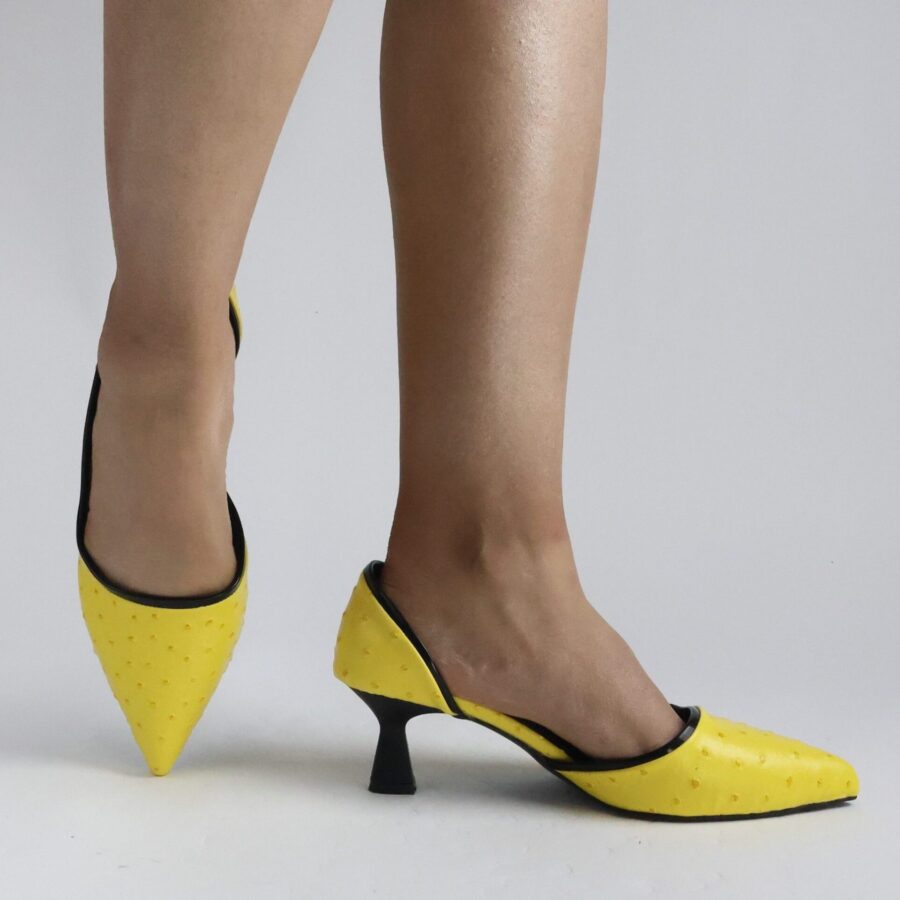 Sarı Noktalı kumaş yan açık şeritli parlak ince kısa topuklu abiye davet ayakkabısı