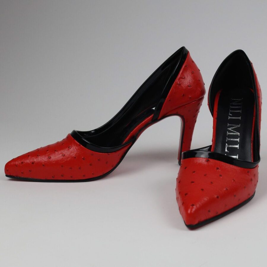 Yan açık Noktalı desenli kırmızı siyah şeritli abiye stiletto topuklu ayakkabı