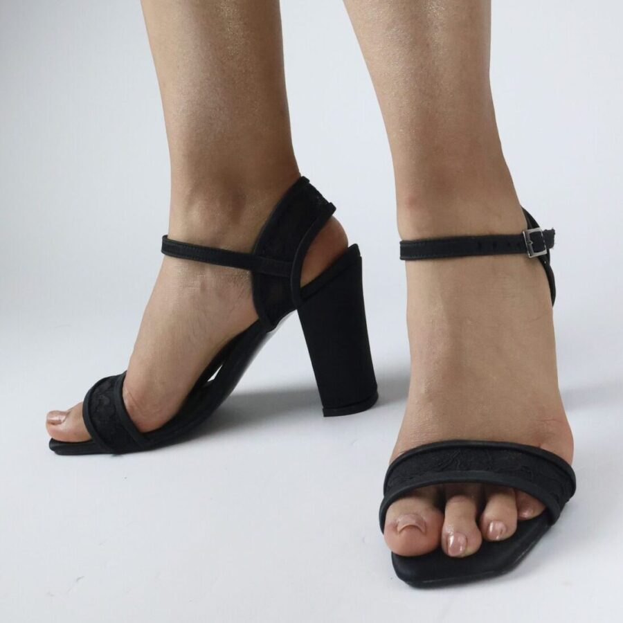 Siyah Güpür Gelin Abiye Kalın Topuklu Lüks Sandalet