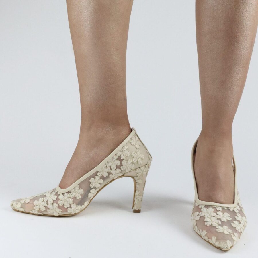 Zarif Şık Şampanya Renkli Çiçek Desenli Topuklu Gelin Ayakkabısı
