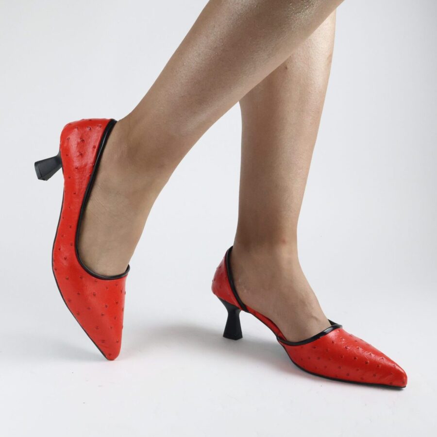 Kırmızı Noktalı kumaş yan açık şeritli parlak ince kısa topuklu abiye davet ayakkabısı