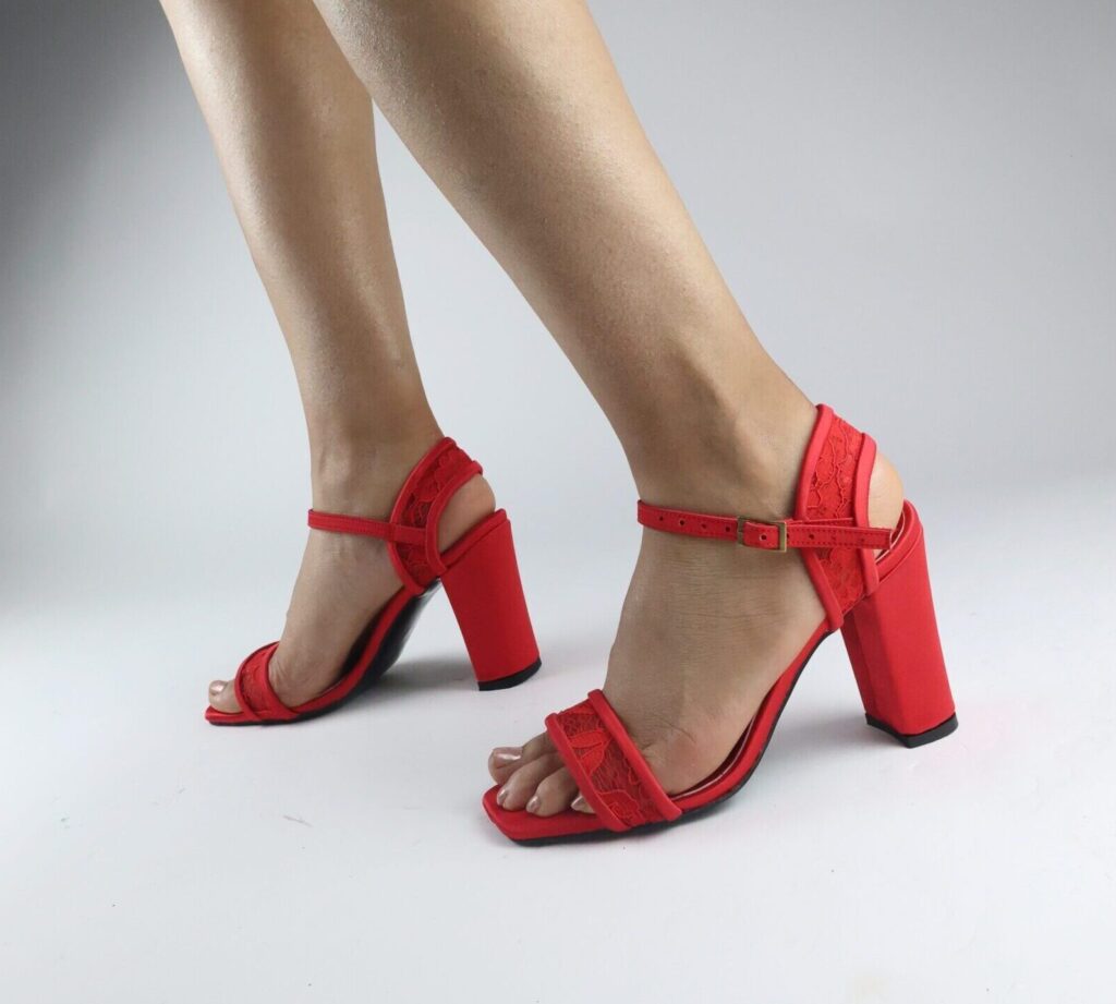 Kırmızı Güpür Gelin Abiye Kalın Topuklu Lüks Sandalet