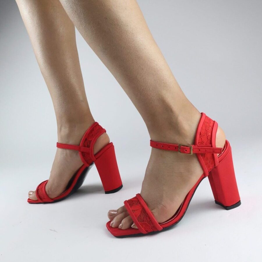 Kırmızı Güpür Gelin Abiye Kalın Topuklu Lüks Sandalet